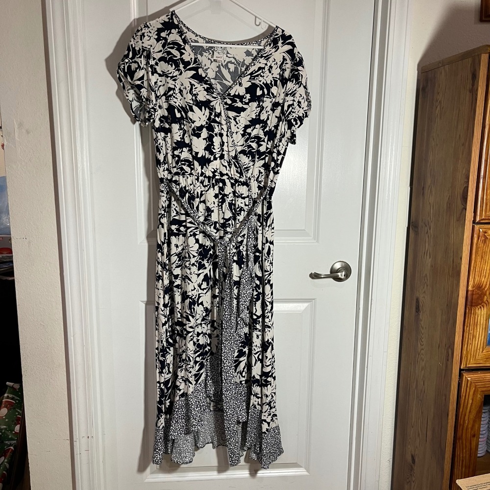 Naif Navy Blue White Floral Faux Wrap High Low Maxi Dress Short Sleeve Large